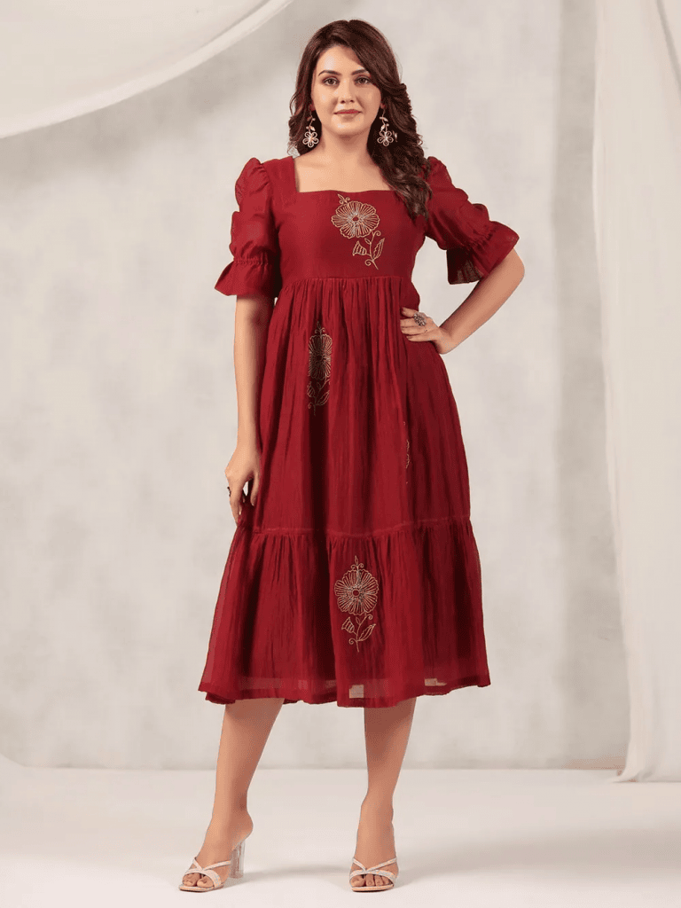 Maroon Embroidered Chanderi Dress