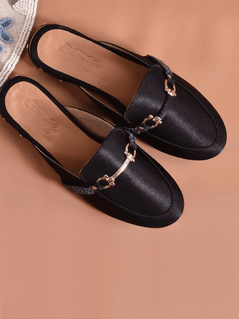 Black Bead Embroidered Faux Leather Loafers