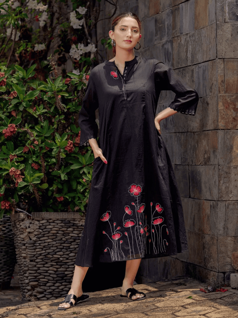 Black Embroidered Cotton Dress