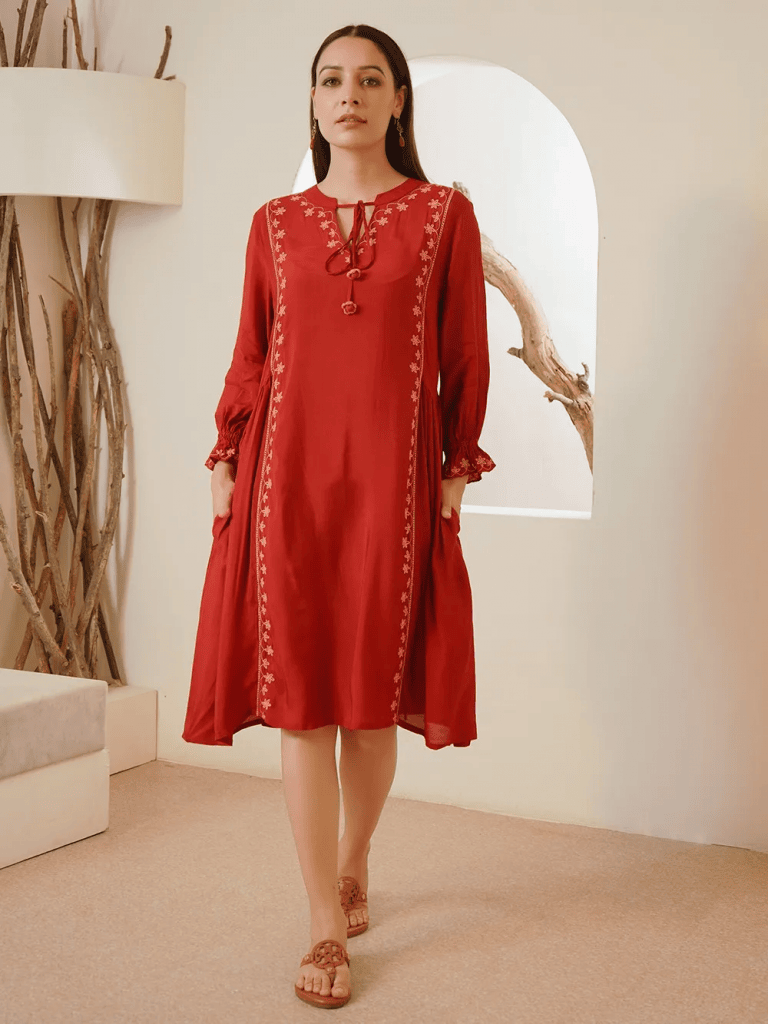 Maroon Embroidered Modal Silk Dress