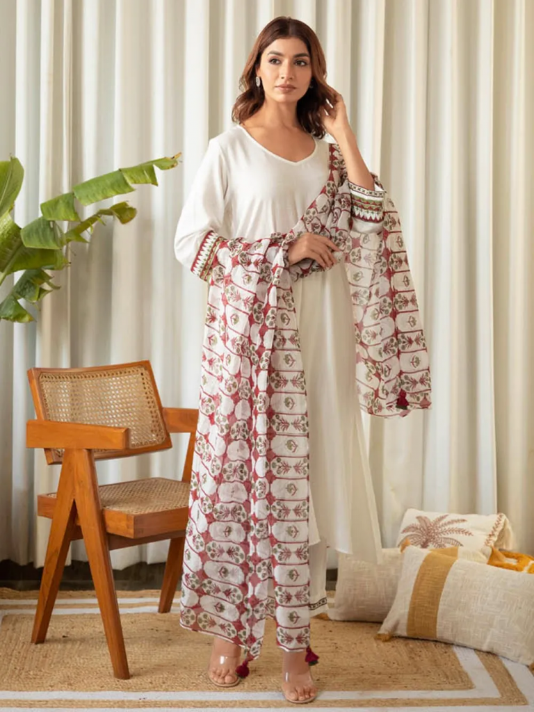 White Hand Block Printed Cotton Suit
