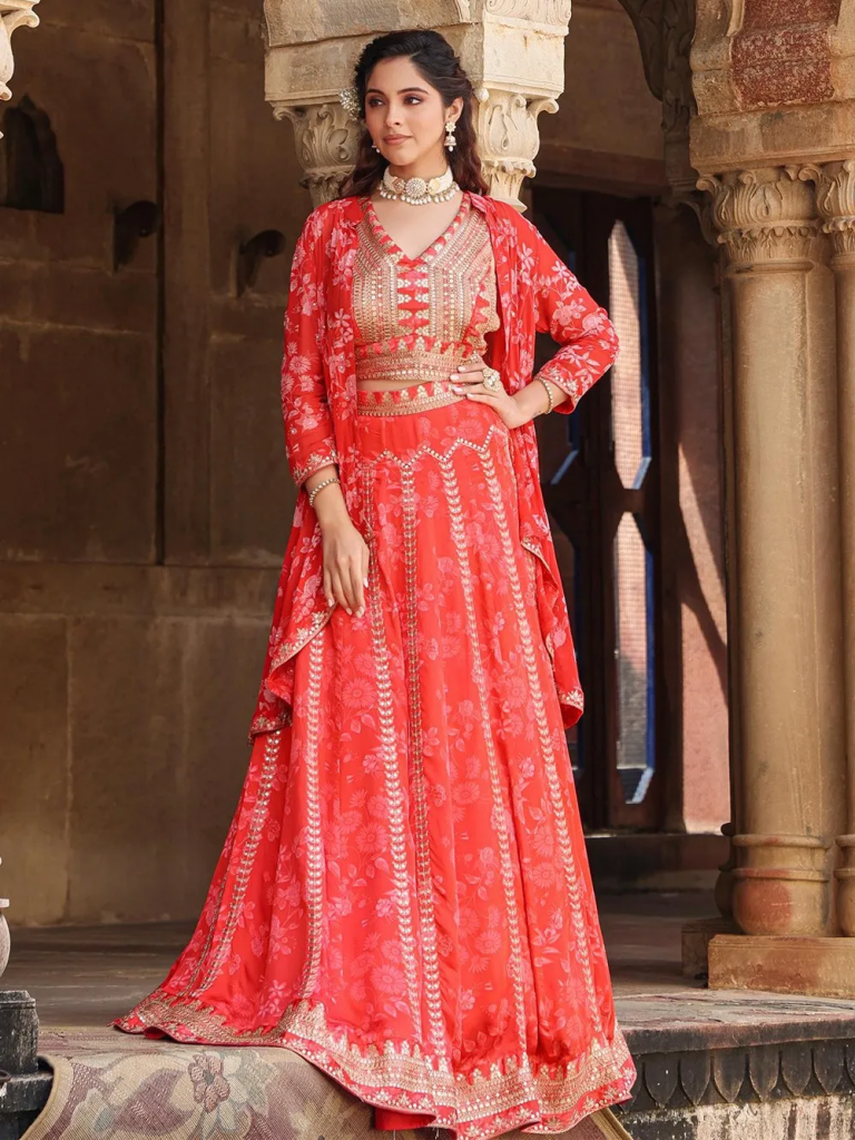 Red Printed Satin Embroidered Blouse with Lehenga and Cape