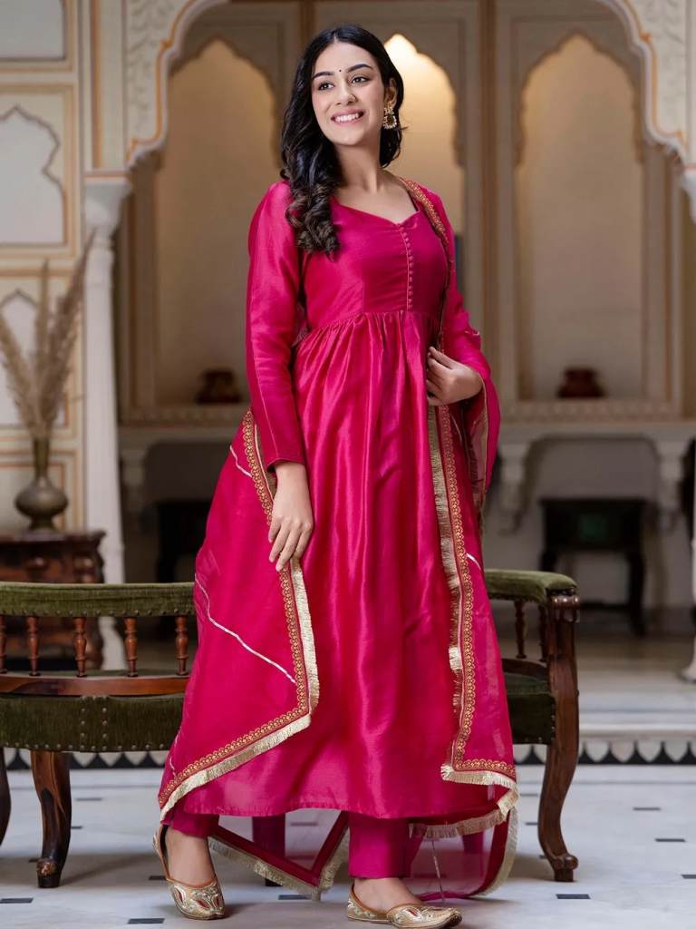 Pink Hand Embroidered Chanderi Silk Anarkali Suit with Organza Dupatta