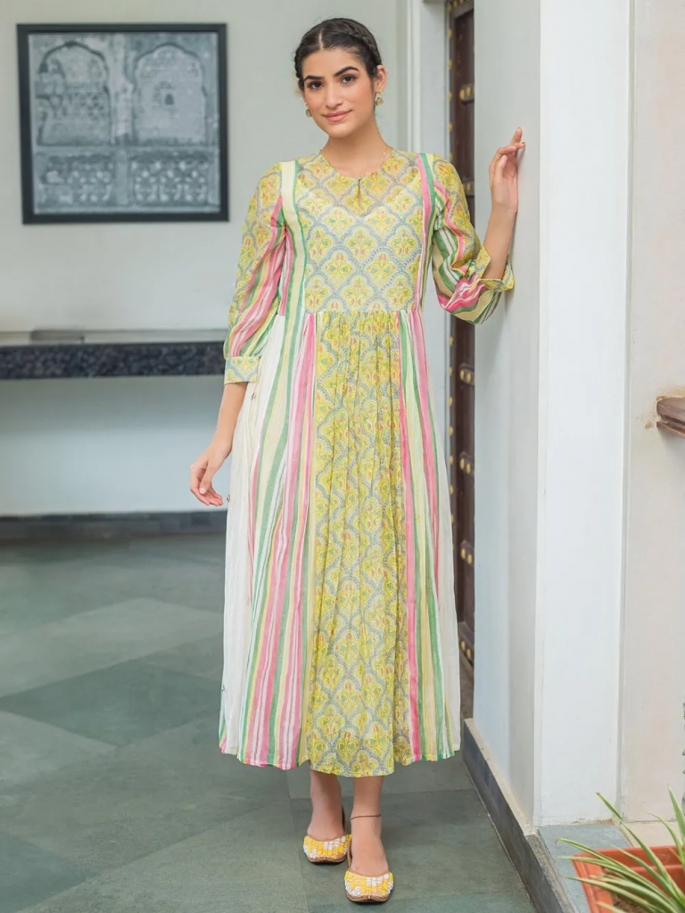 Yellow Hand Block Printed Chanderi Dress