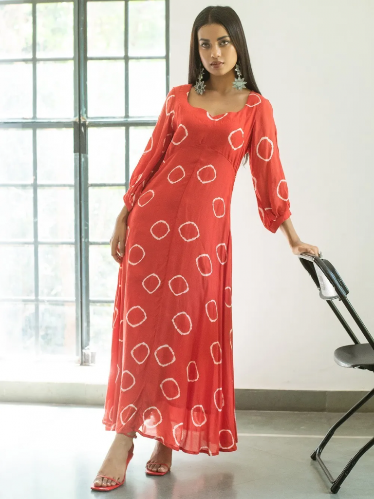 Red Muslin Silk Bandhani Maxi Dress