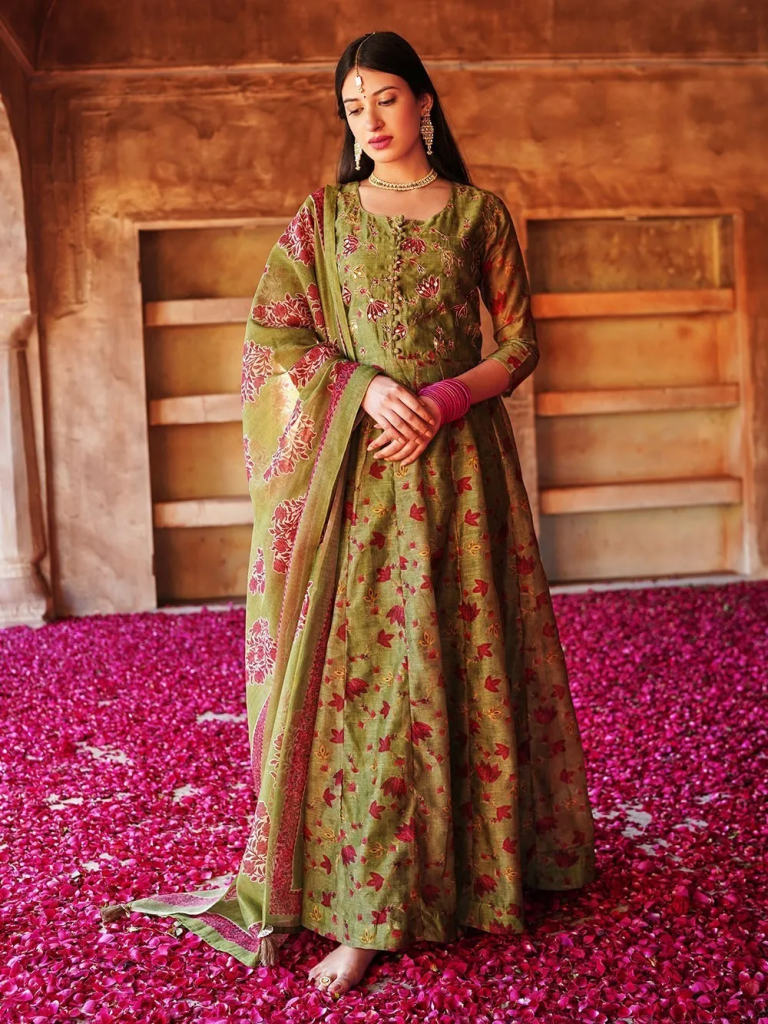 Mehndi Green Pink Printed Embroidered Anarkali Kurta with Cotton Pants and Dupatta