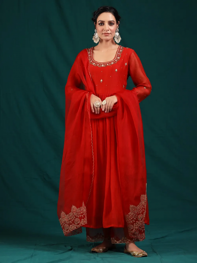 Red Hand Embroidered Chanderi Suit