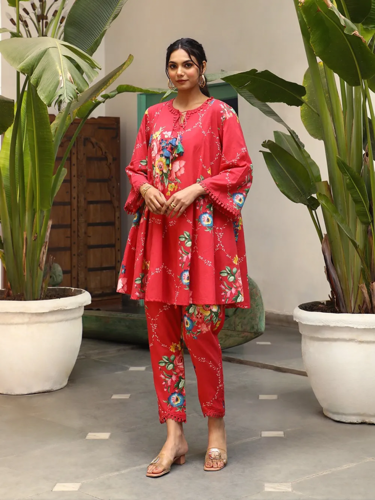 Red Printed Cotton Kurta with Pants