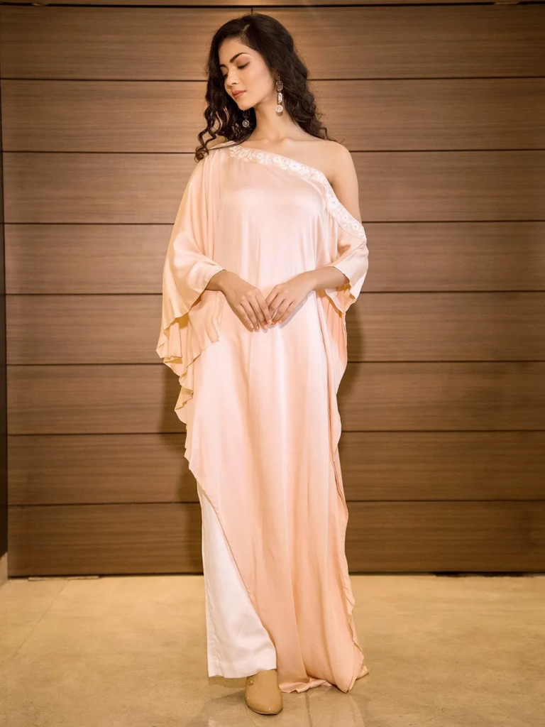 Peach Embroidered Satin Cape with Pants