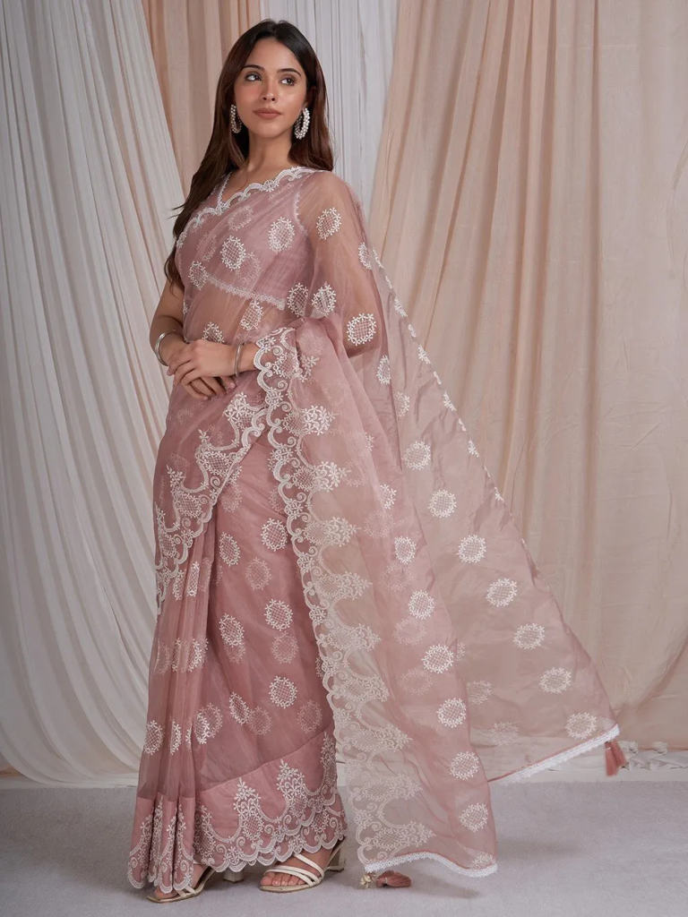 Pink Embroidered Organza Viscose Saree with Blouse Piece