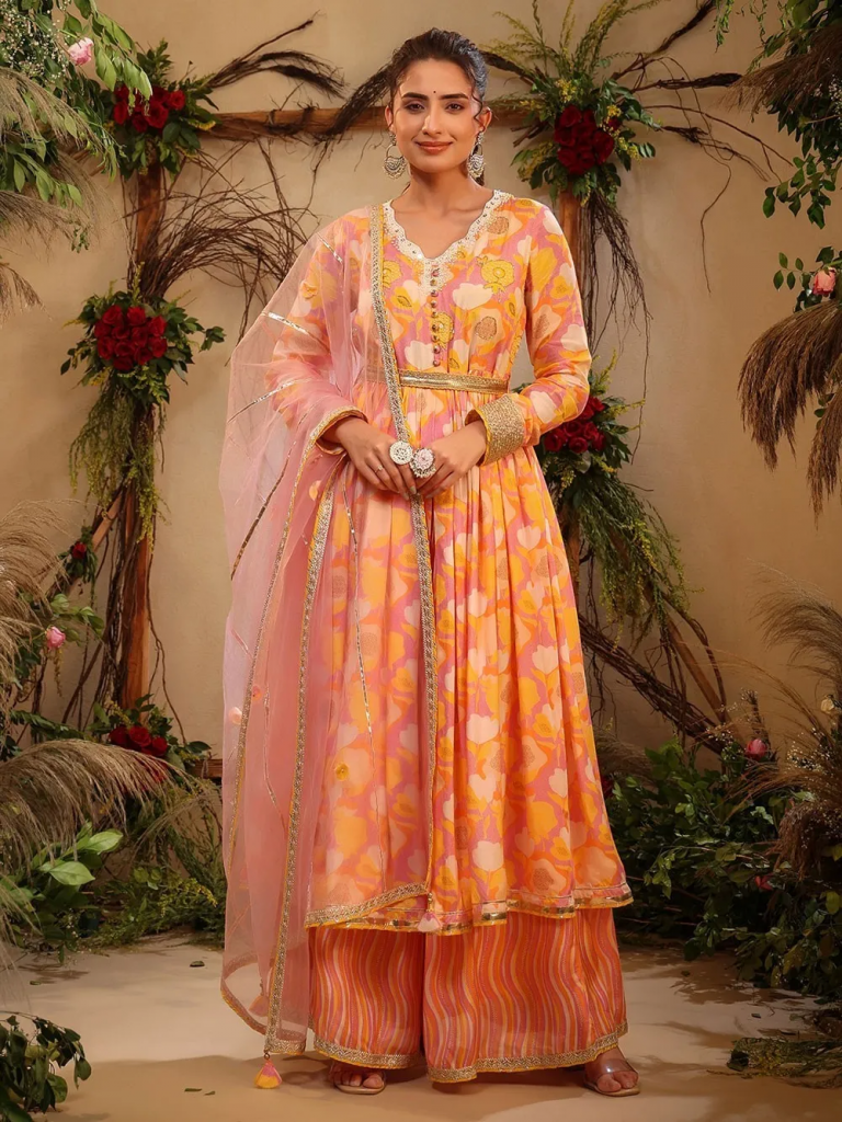 Orange Pink Printed Muslin Hand Embroidered Anarkali Sharara Suit