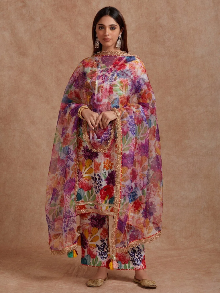 Multicolor Printed Mulmul Anarkali Kurta with Pants