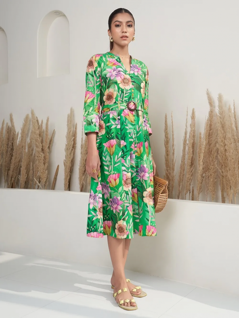 Green Pink Floral Printed Cotton A- Line Dress with Belt