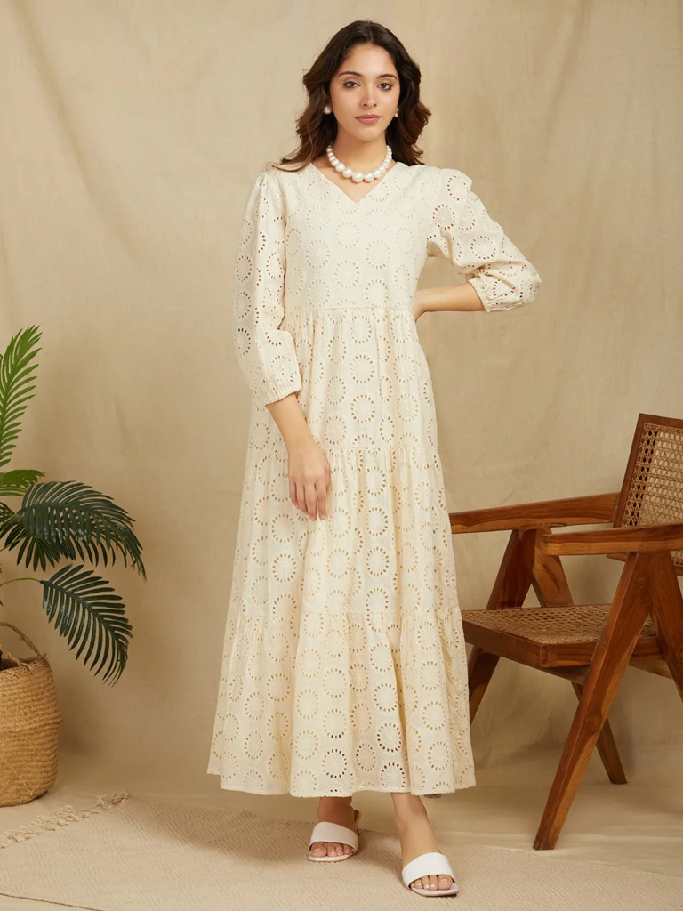 Beige Embroidered Cotton Dress