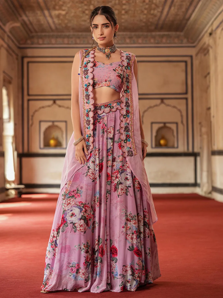Lavender Printed Georgette Embroidered Blouse with Lehenga and Cape