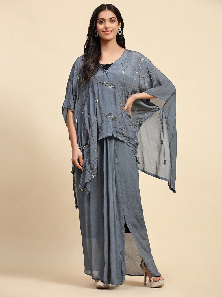 Grey Sequins Work Chanderi Silk Cape with Drape Skirt