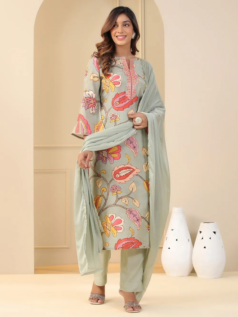 Turquoise Printed Muslin Embroidered Suit