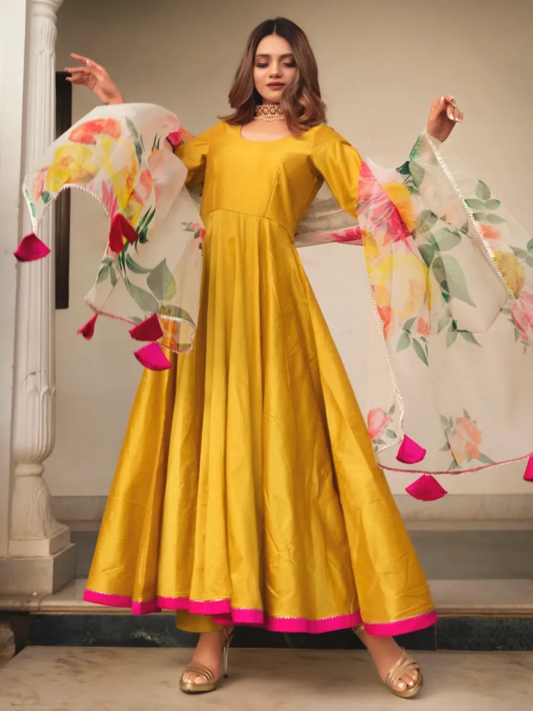 Mustard Yellow Cotton Silk Anarkali Suit with Printed Dupatta