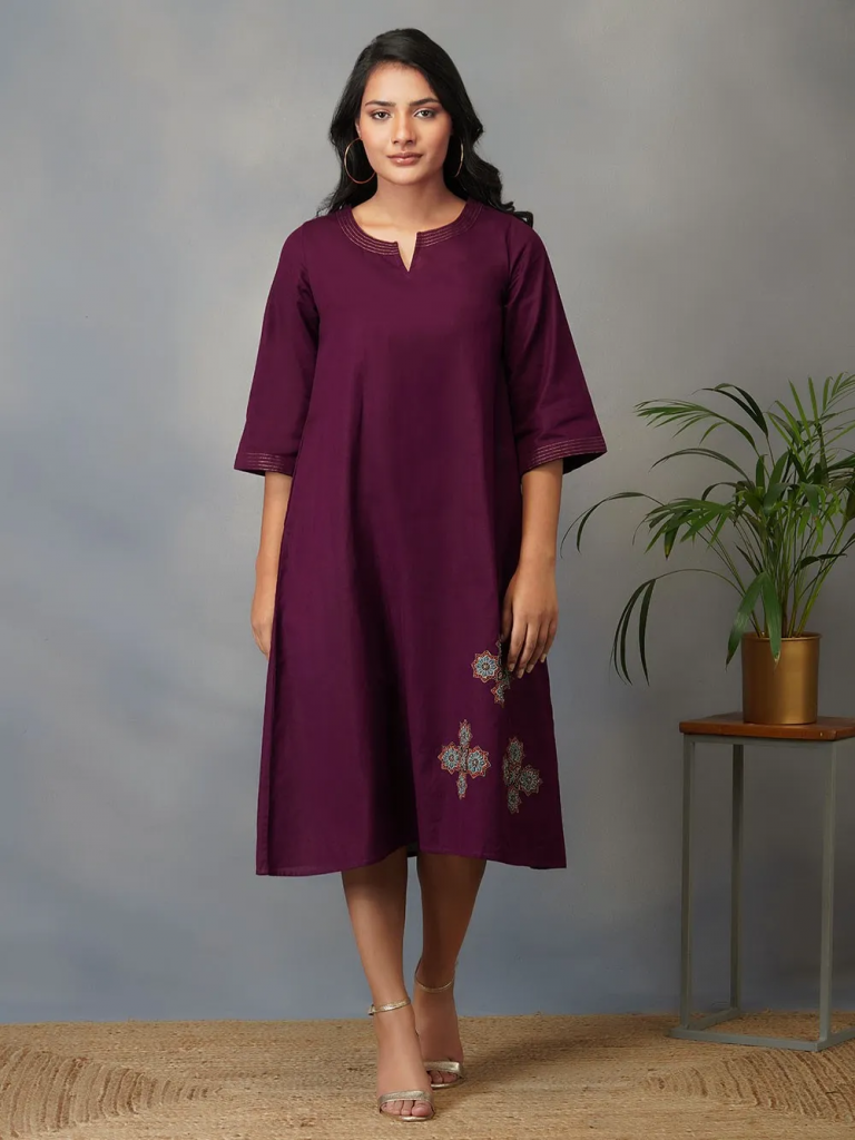 Purple Ajrakh Hand Block Printed Cotton A-Line Dress