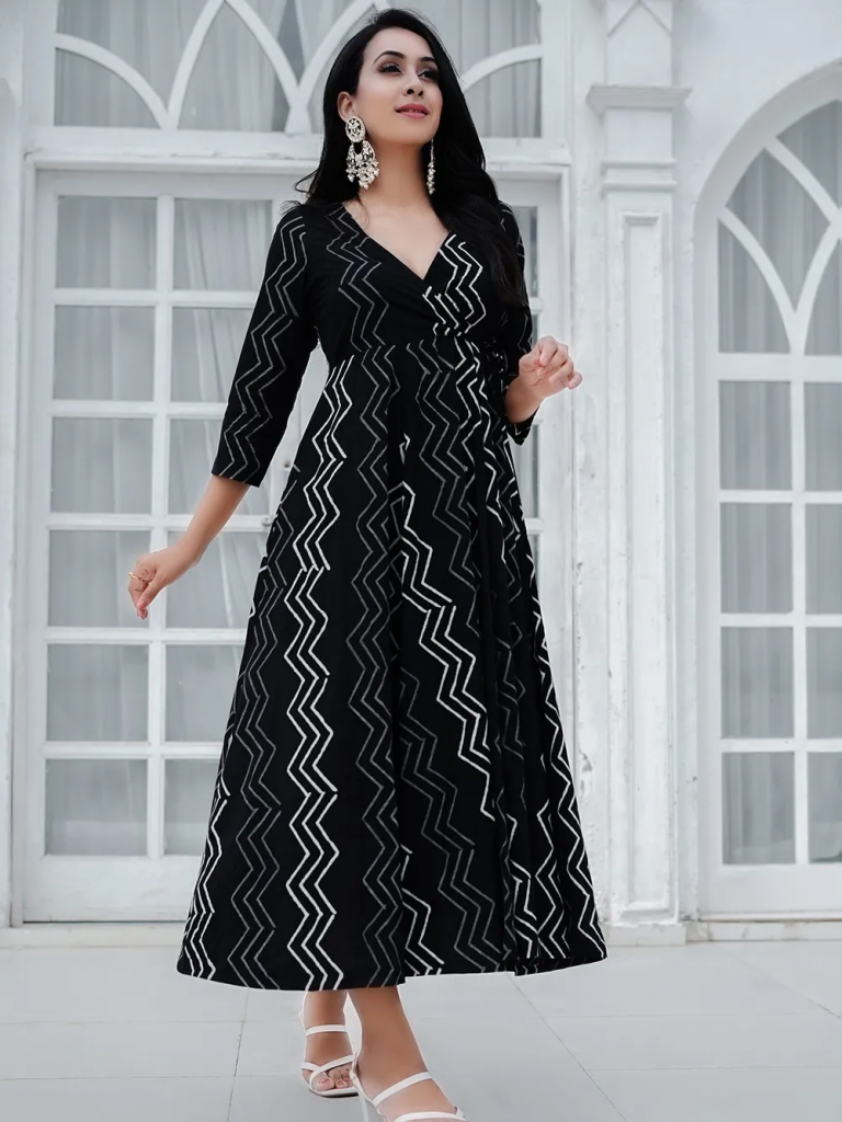 Black Hand Block Printed Cotton Mulmul Angrakha Dress