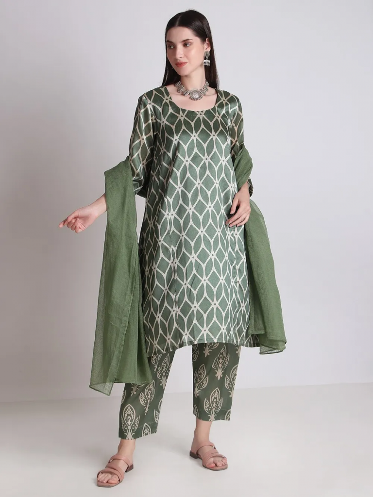 Olive Green Printed Chanderi Suit