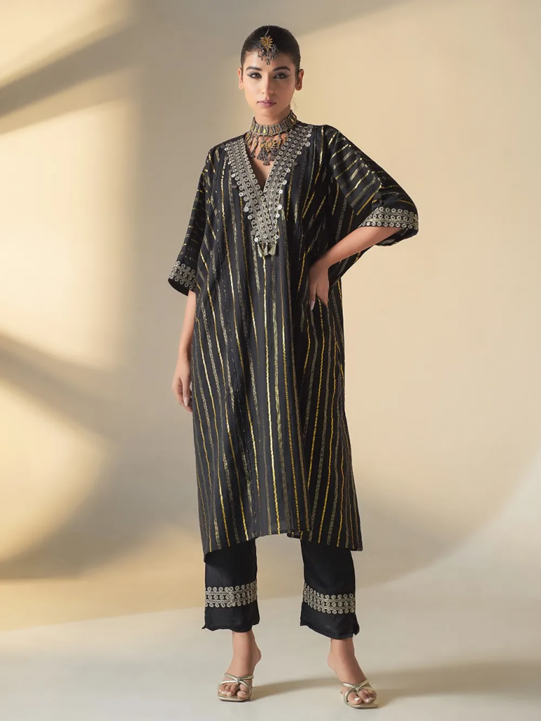 Black Embroidered Cotton Lurex Kaftan with Pants