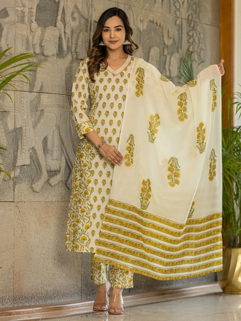 Yellow Printed Cotton Suit