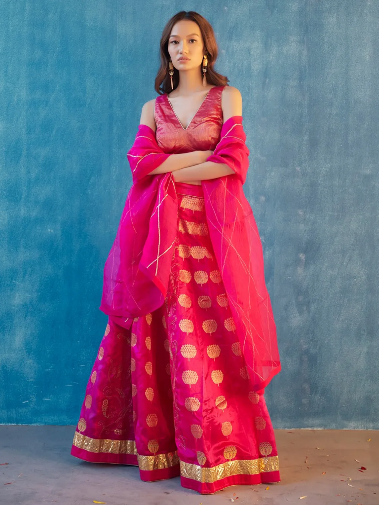 Pink Handwoven Tissue Banarasi Lehenga Set