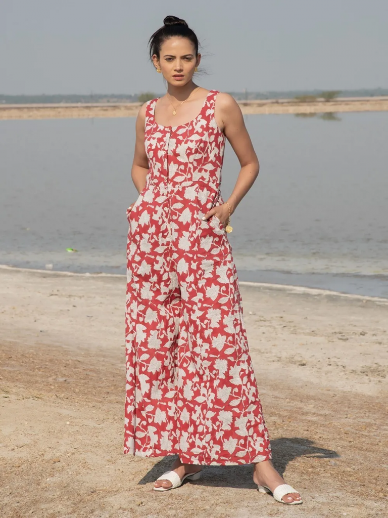 Red Hand Block Printed Cotton Jumpsuit