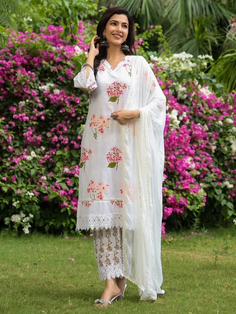 White Printed Cotton Suit