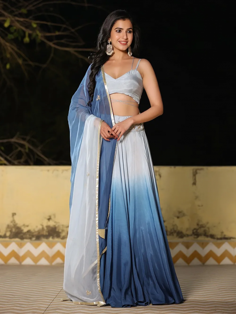 Grey Ombre Viscose Muslin Blouse with Blue Embroidered Lehenga and Organza Dupatta