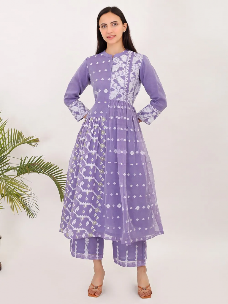 Purple Handwoven Cotton Jamdani Viscose Kurta with Pants