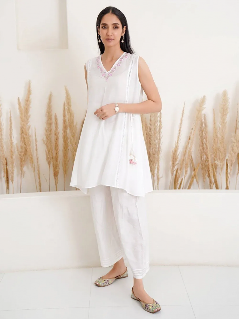White Embroidered Modal Silk Tunic
