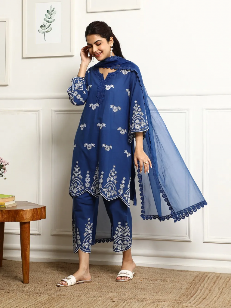 Blue Embroidered Cotton Kurta with Pants
