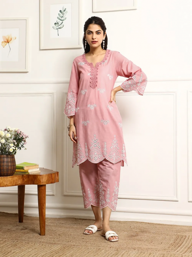 Pink Embroidered Cotton Kurta with Pants